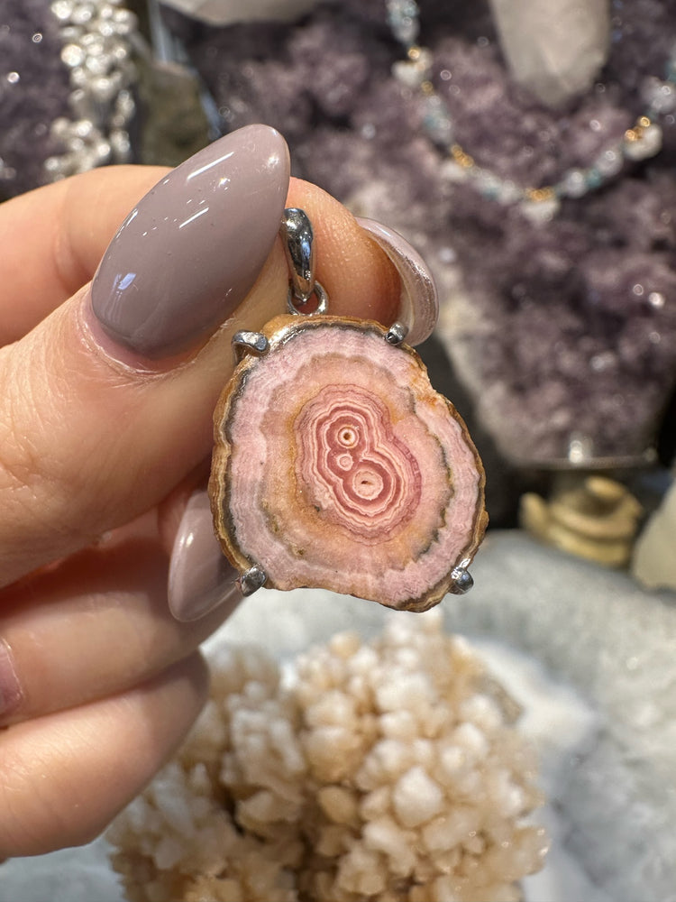 Stunning Pink Stalactite Rhodochrosite Slice Sterling Silver Gemstone Pendant