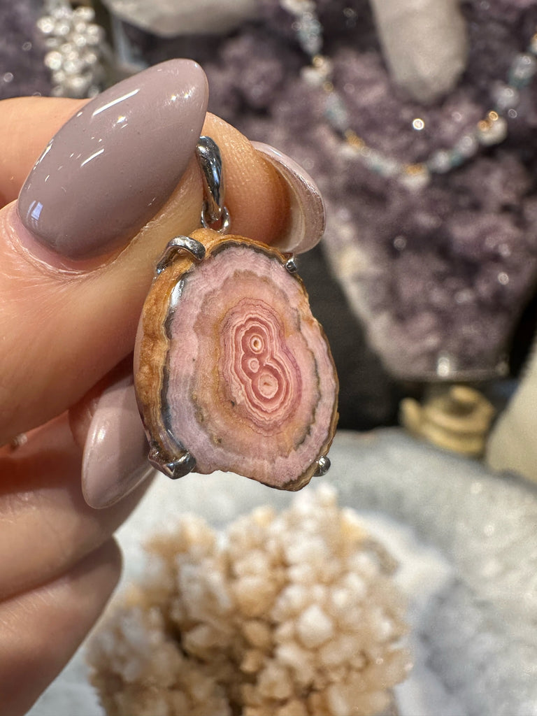 Stunning Pink Stalactite Rhodochrosite Slice Sterling Silver Gemstone Pendant