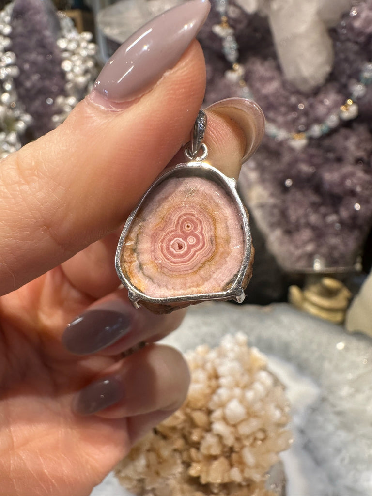 Stunning Pink Stalactite Rhodochrosite Slice Sterling Silver Gemstone Pendant