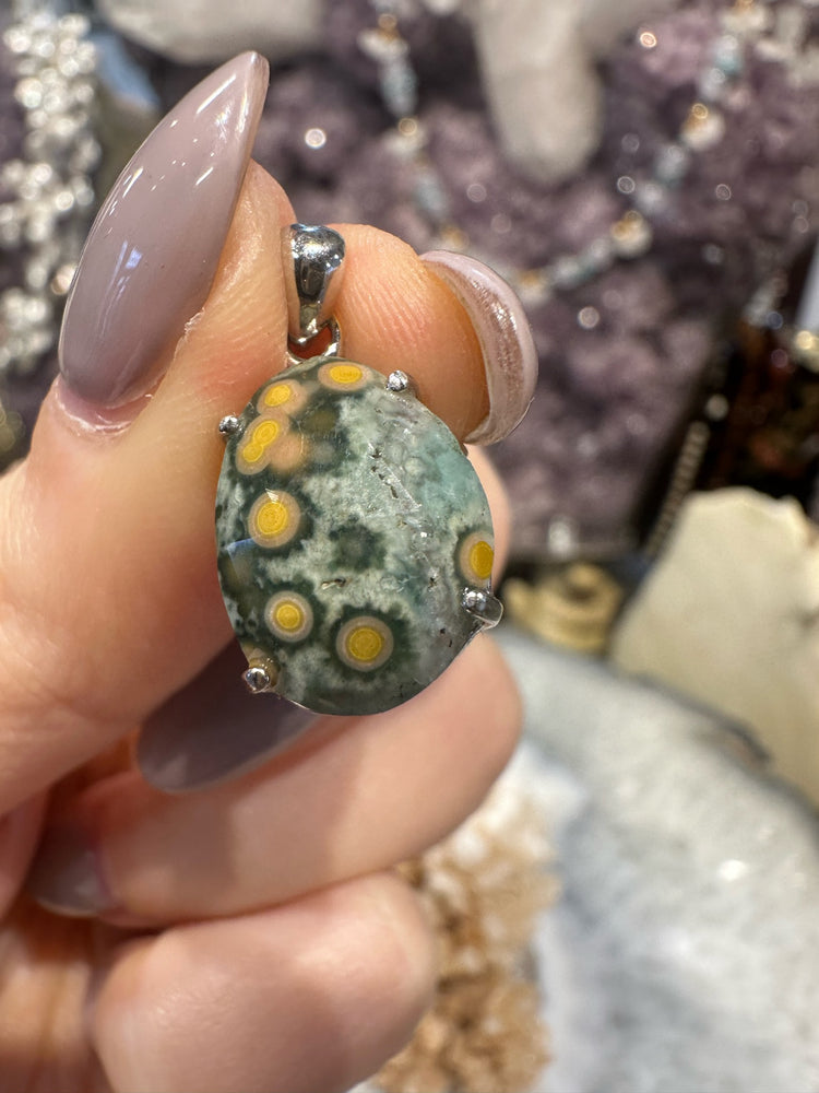 Faceted Bevel Cut Ocean Jasper Sterling Silver Pendant #1