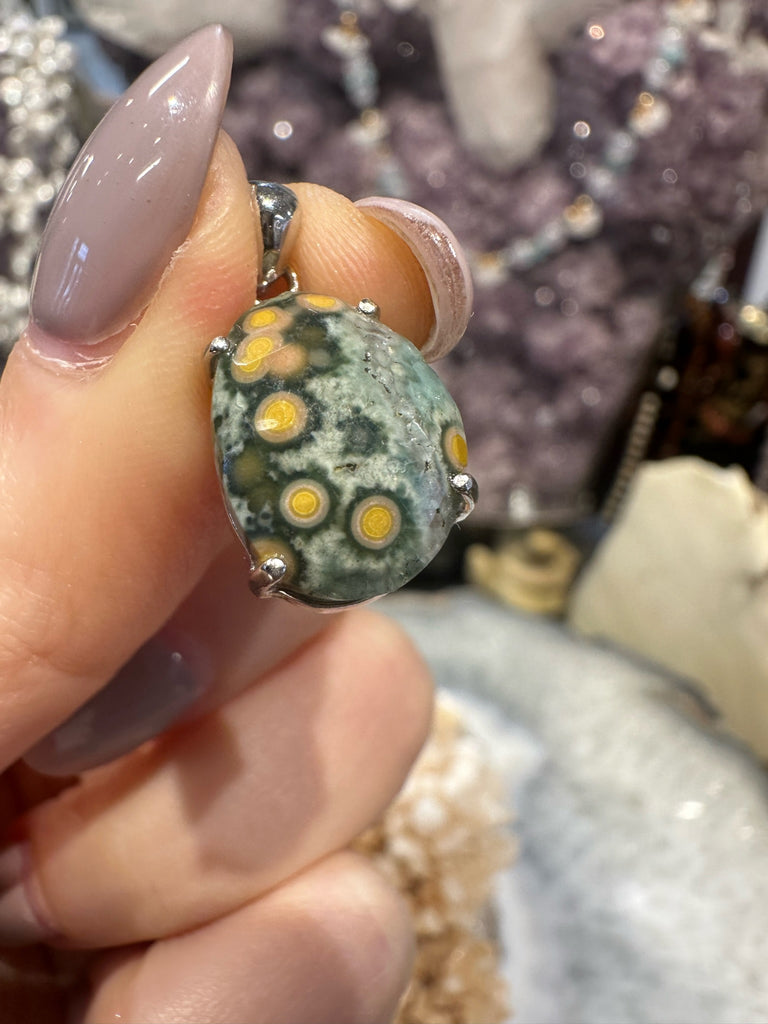Faceted Bevel Cut Ocean Jasper Sterling Silver Pendant #1
