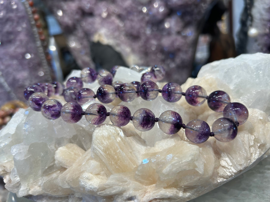 Rare 12mm Purple Fluorite in Quartz Round Knotted Gemstone Necklace