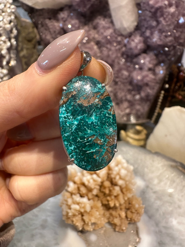 Natural Chrysocolla with Copper Cuprite Sterling Silver Gemstone Pendant