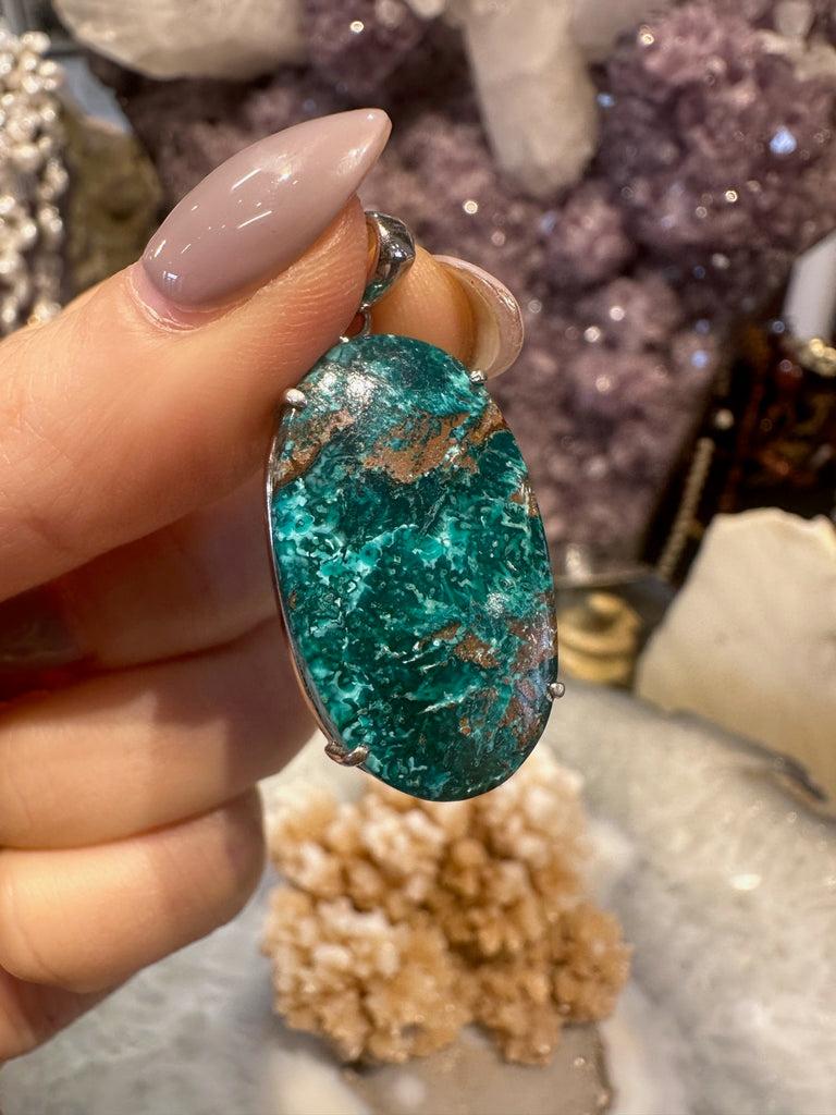 Natural Chrysocolla with Copper Cuprite Sterling Silver Gemstone Pendant