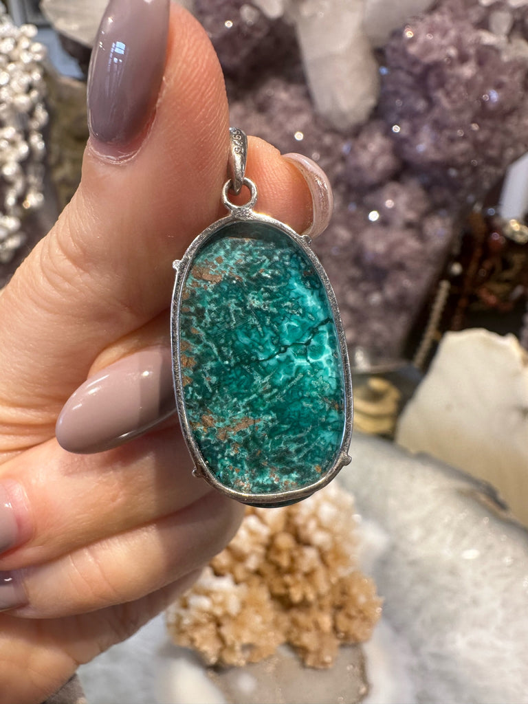 Natural Chrysocolla with Copper Cuprite Sterling Silver Gemstone Pendant