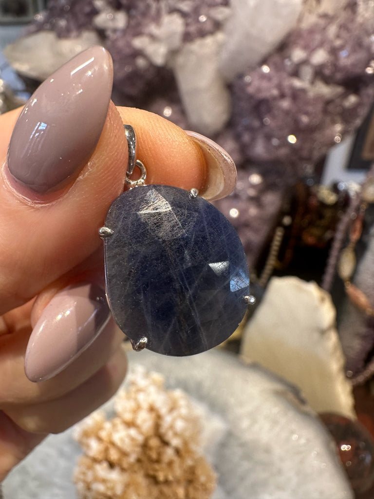 Stunning Natural Sapphire Faceted Sterling Silver Gemstone Pendant #2