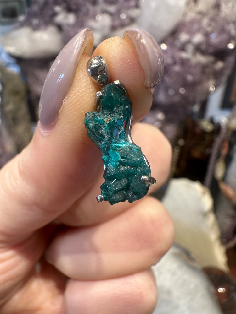Stunning Green Dioptase Crystal Sterling Silver Gemstone Pendant