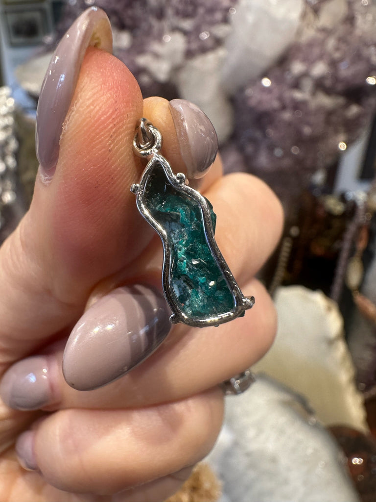 Stunning Green Dioptase Crystal Sterling Silver Gemstone Pendant