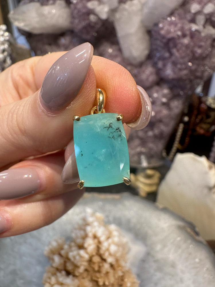 Stunning Dendrite Aqua Blue Peruvian Opal 18K Gold Plated Pendant #2