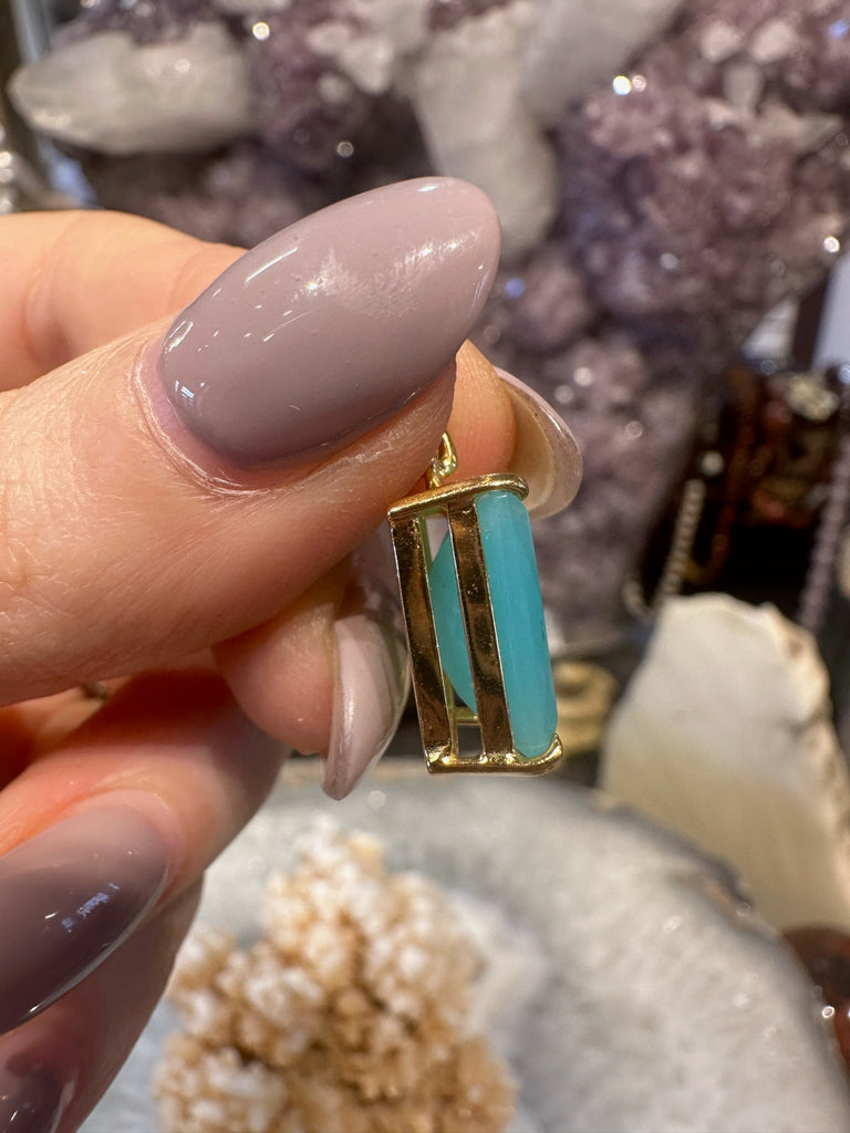 Stunning Dendrite Aqua Blue Peruvian Opal 18K Gold Plated Pendant #2