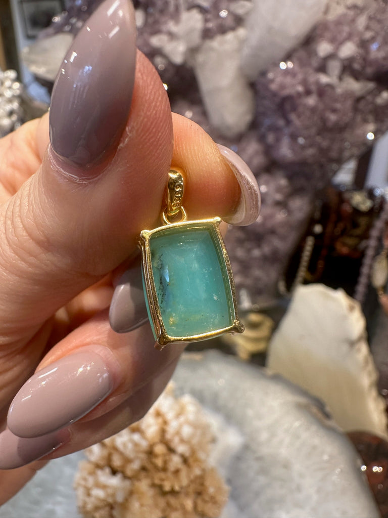 Stunning Dendrite Aqua Blue Peruvian Opal 18K Gold Plated Pendant #2