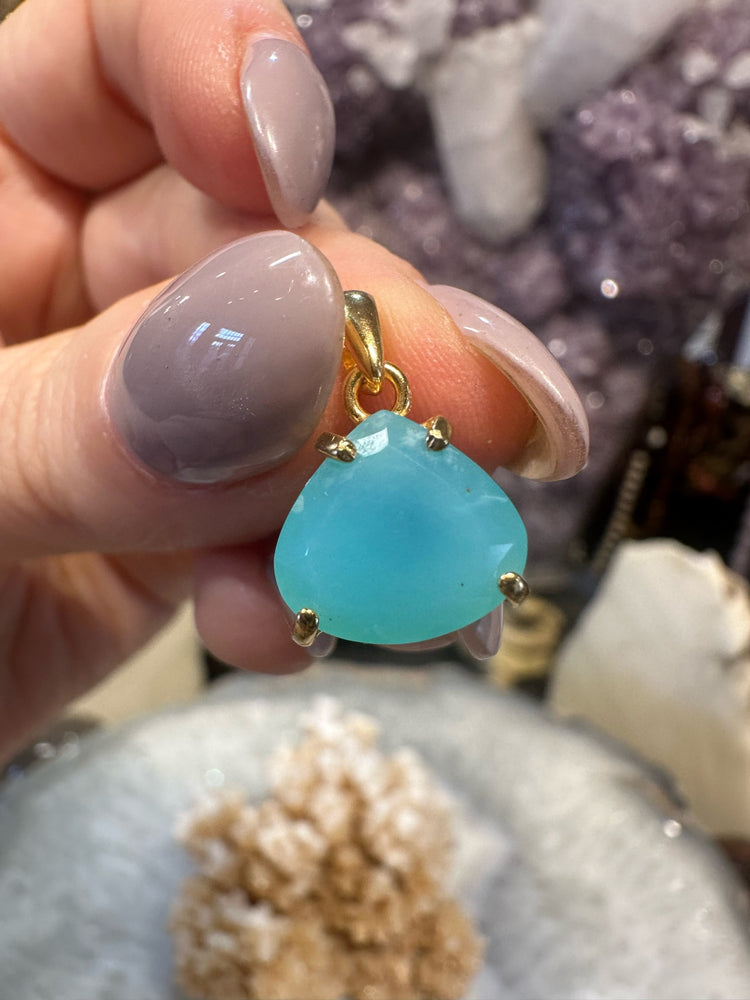 Stunning Aqua Blue Dendrite Peruvian Opal 18K Gold Plated Pendant #3