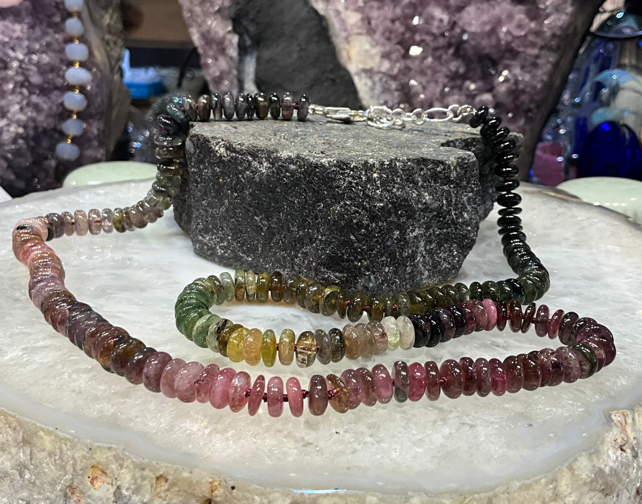Stunning Multicolor Natural Shaded Pink, Green, Yellow Tourmaline Necklace