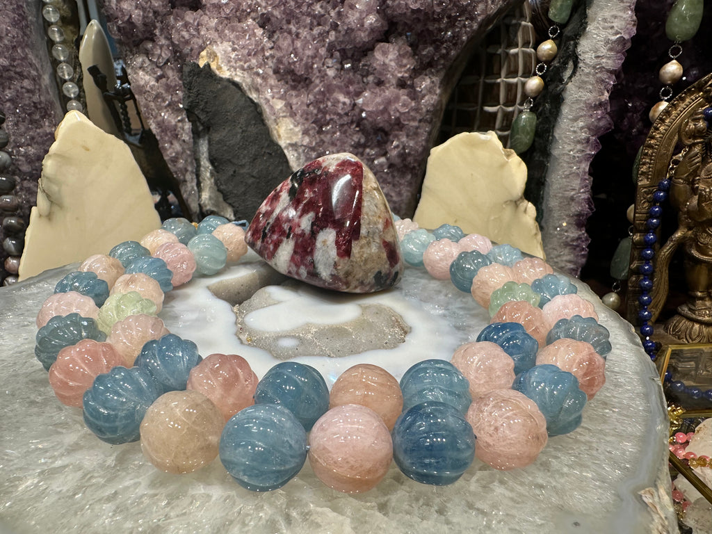 17mm Blue Aquamarine and Pink Morganite Mixed beryl carved Melonball gemstone beads