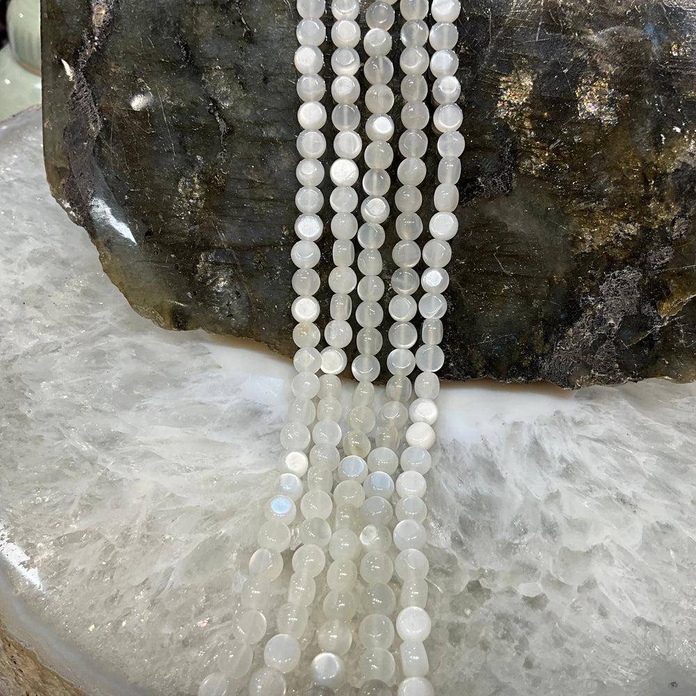 6mm Natural White Moonstone Coin Beads - Beautiful Chatoyance