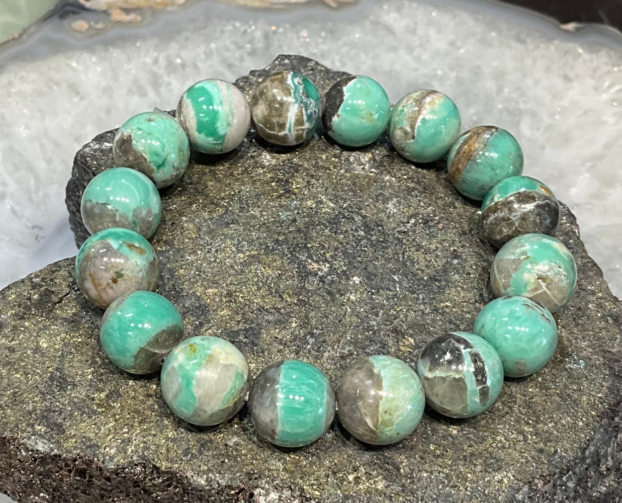 11.5mm Natural Rare Green Variscite Round Gemstone Bead Bracelet