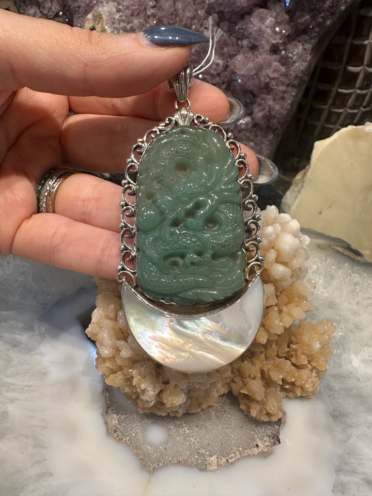 Handmade Natural Carved Aventurine Dragon Carving Sterling Silver Pendant