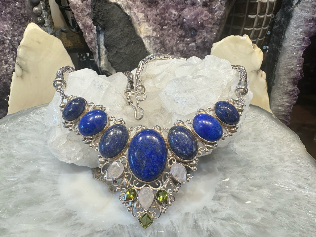 Gorgeous Nepal Natural Lapis, White Moonstone & Peridot Necklace