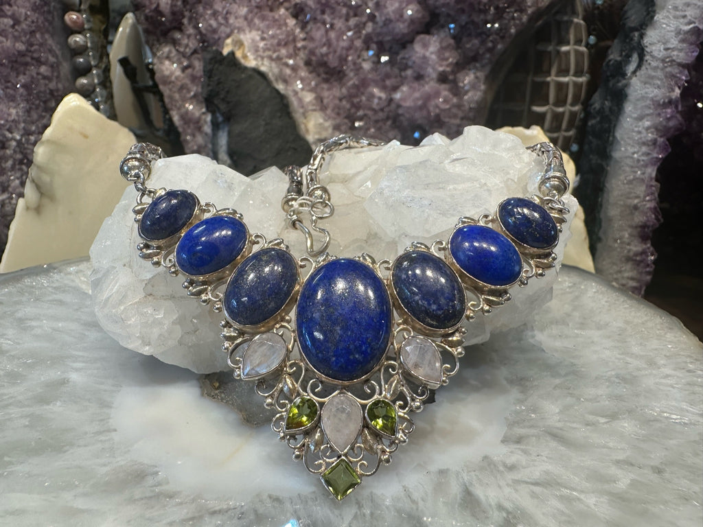 Gorgeous Nepal Natural Lapis, White Moonstone & Peridot Necklace