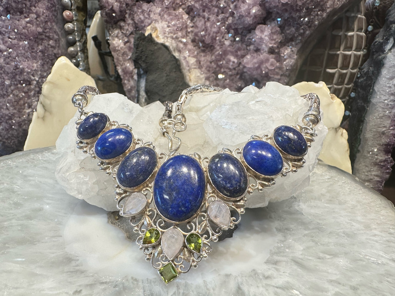 Gorgeous Nepal Natural Lapis, White Moonstone & Peridot Necklace