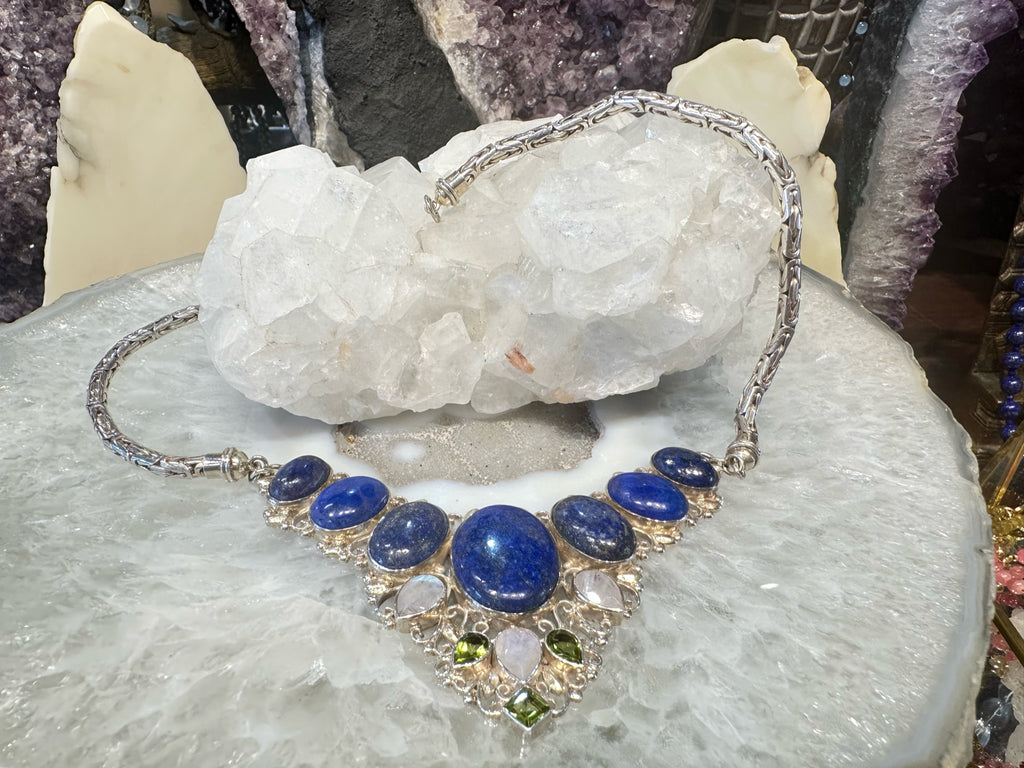 Gorgeous Nepal Natural Lapis, White Moonstone & Peridot Necklace