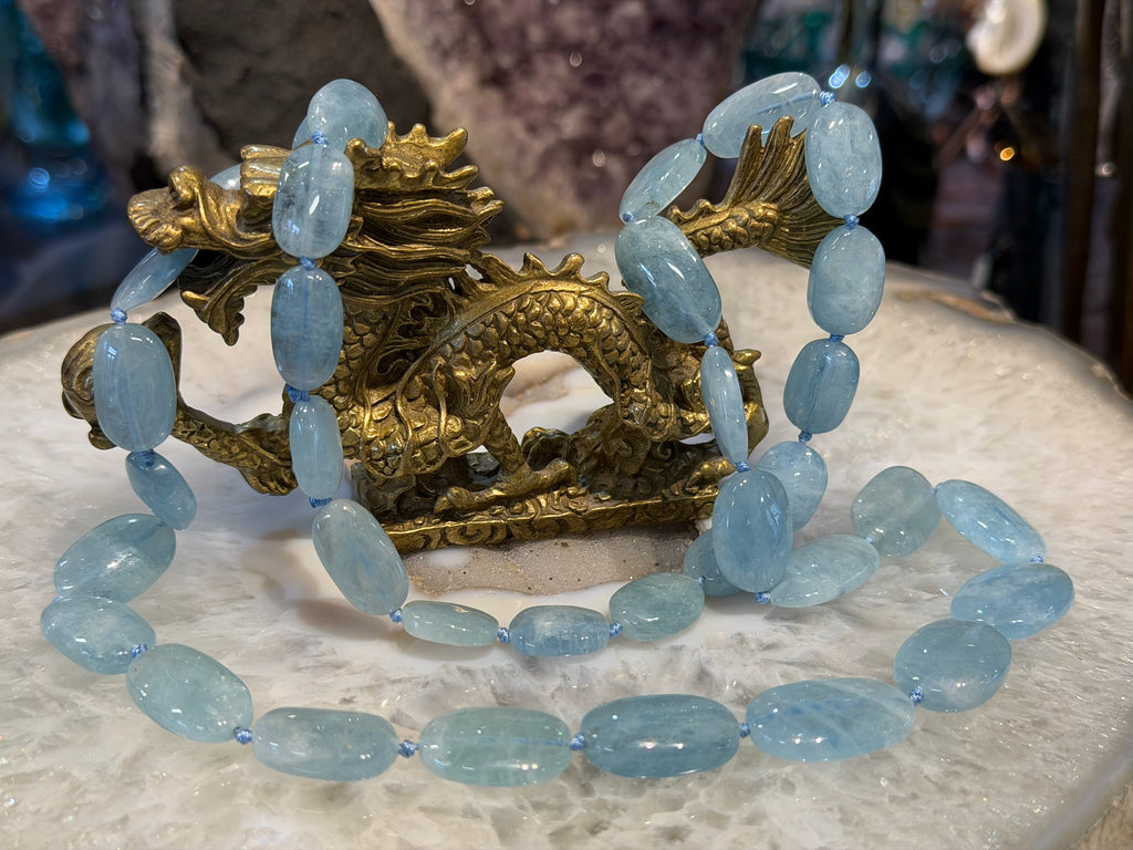 Fabulous Aquamarine blue oval long knotted gemstone beads #2