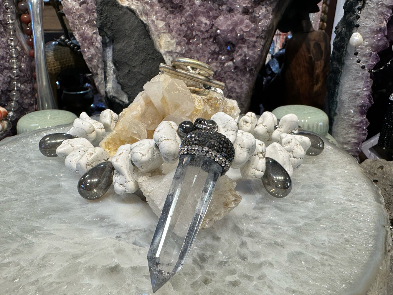 Beautiful Howlite  Nugget, Rock Crystal Point Necklace