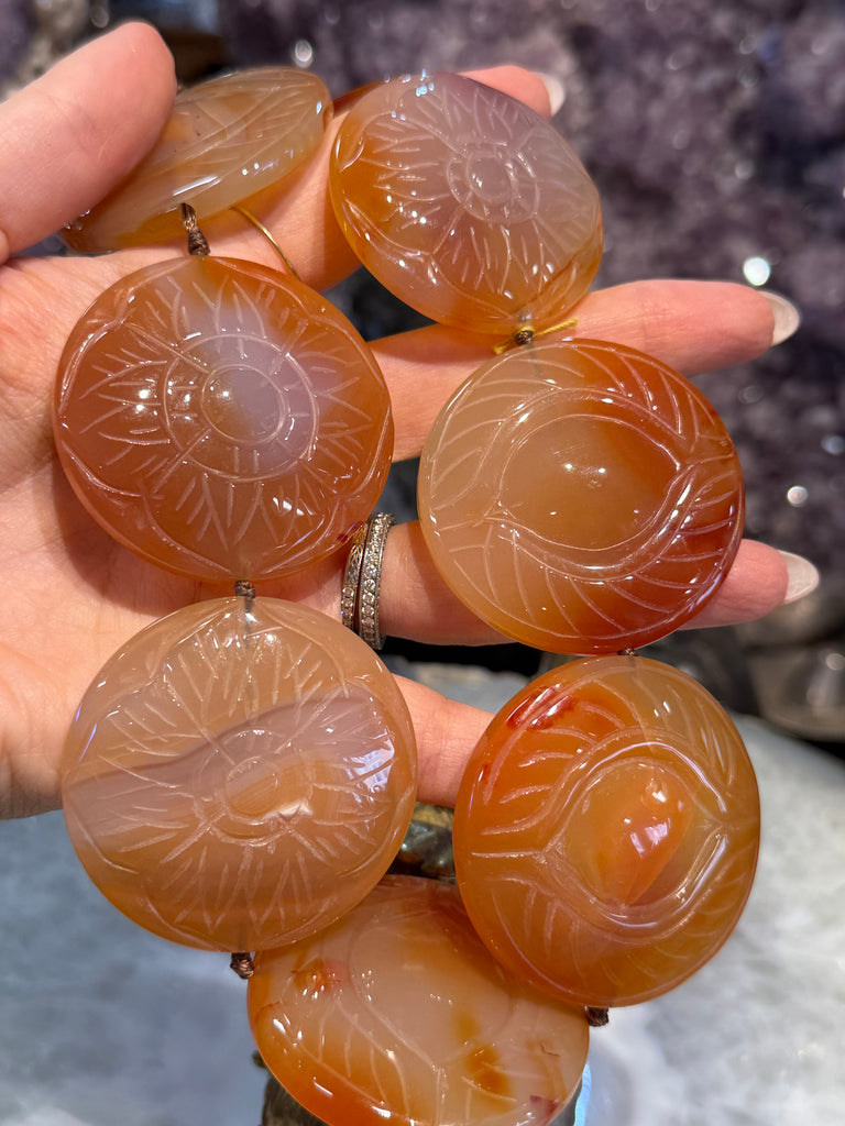 Huge carnelian 43mm eye & flower carving gemstone beads