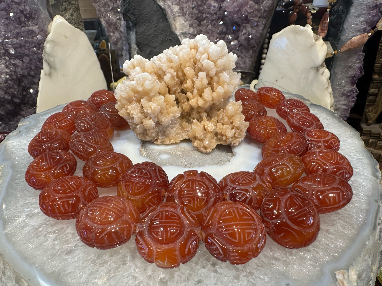 Red Carnelian Agate Carved Shou Gemstone Beads