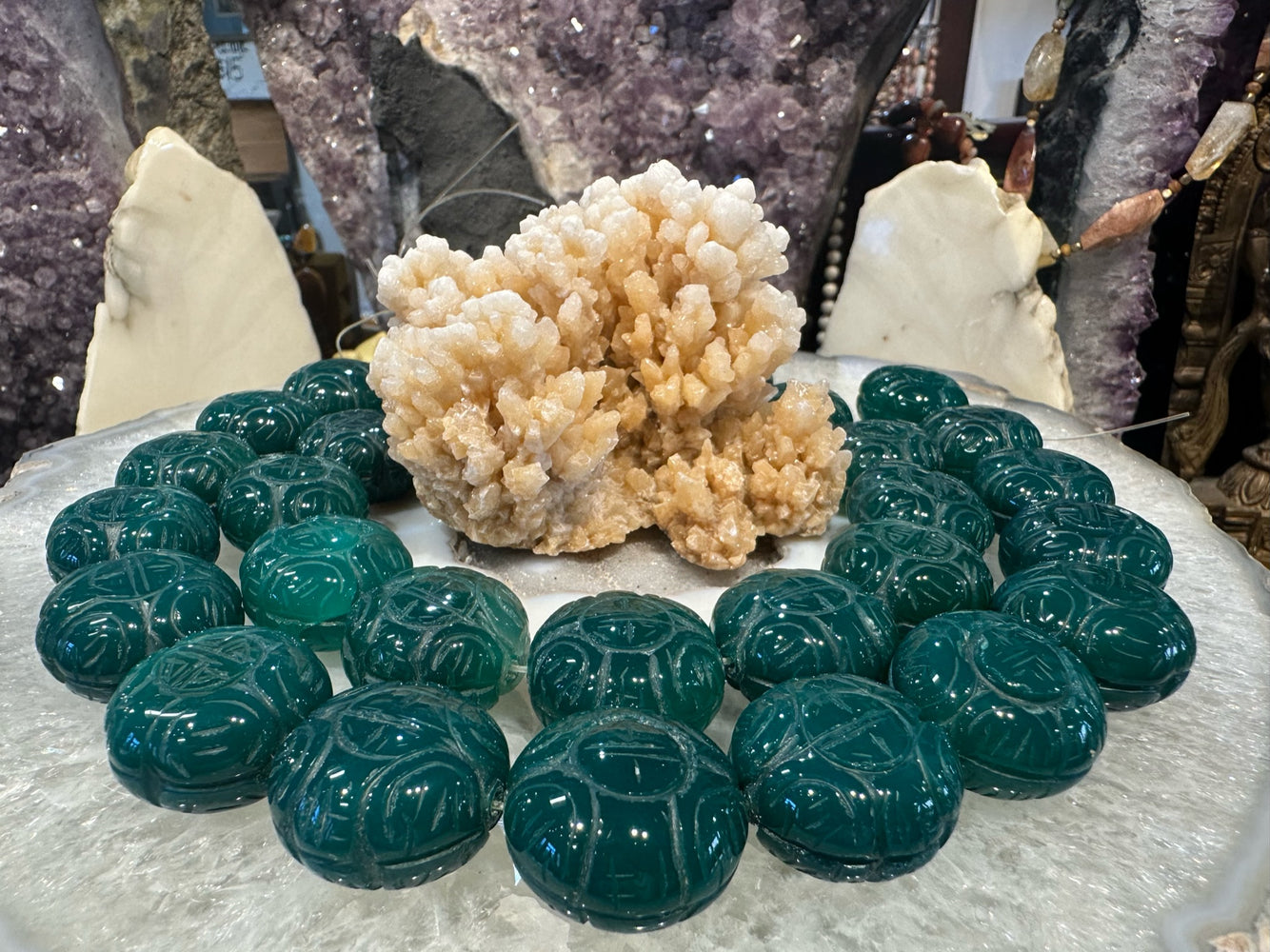 Green Agate Carved Shou Gemstone Beads
