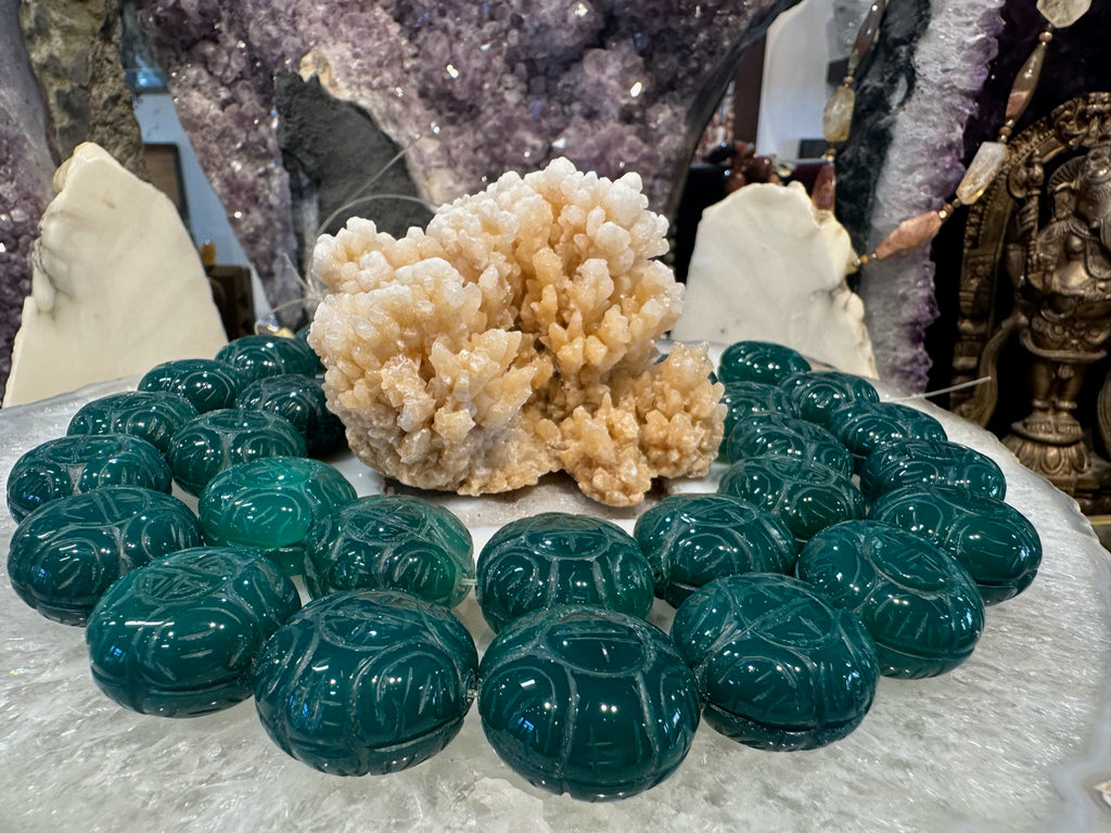Green Agate Carved Shou Gemstone Beads