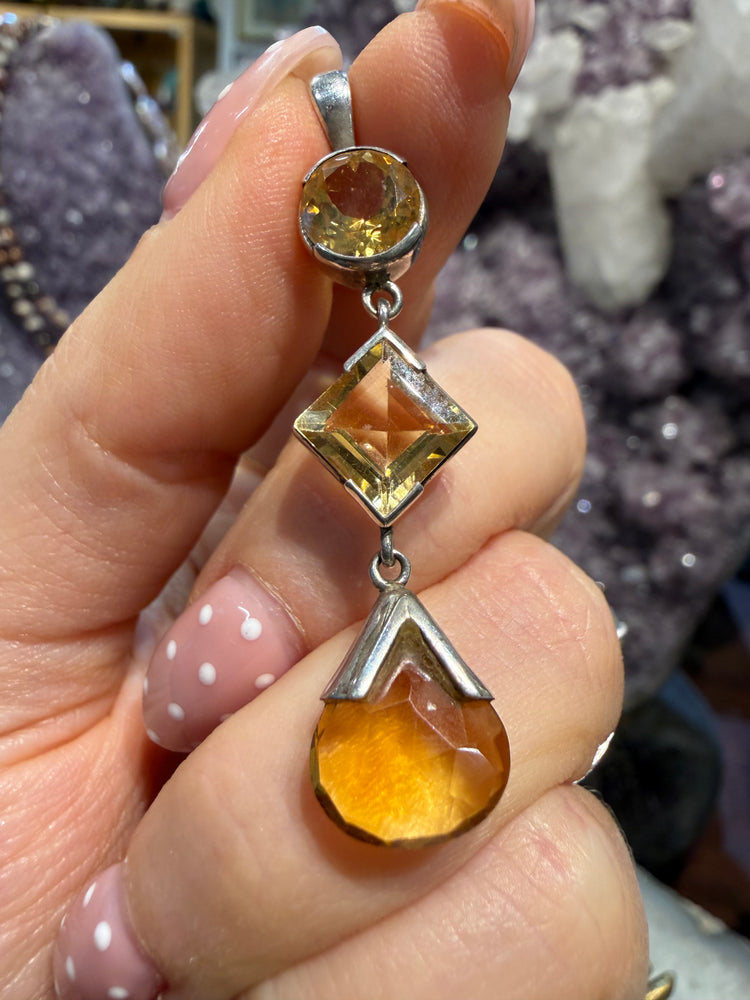 Citrine gem 3 tier sterling silver pendant