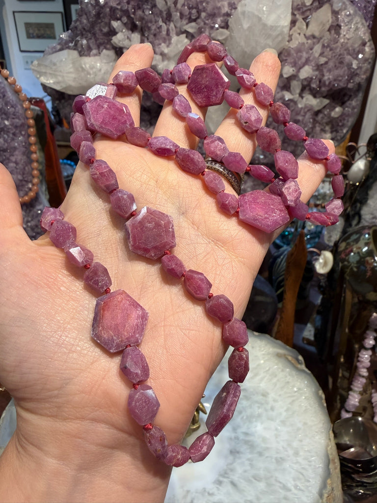 Rare Old Stock Natural Ruby Faceted Hexagon Gemstone Beads Necklace #2