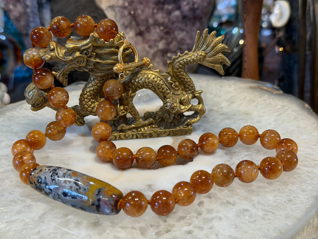 Amazing Uruguay Citrine Gemstone Necklace with Jasper Bead