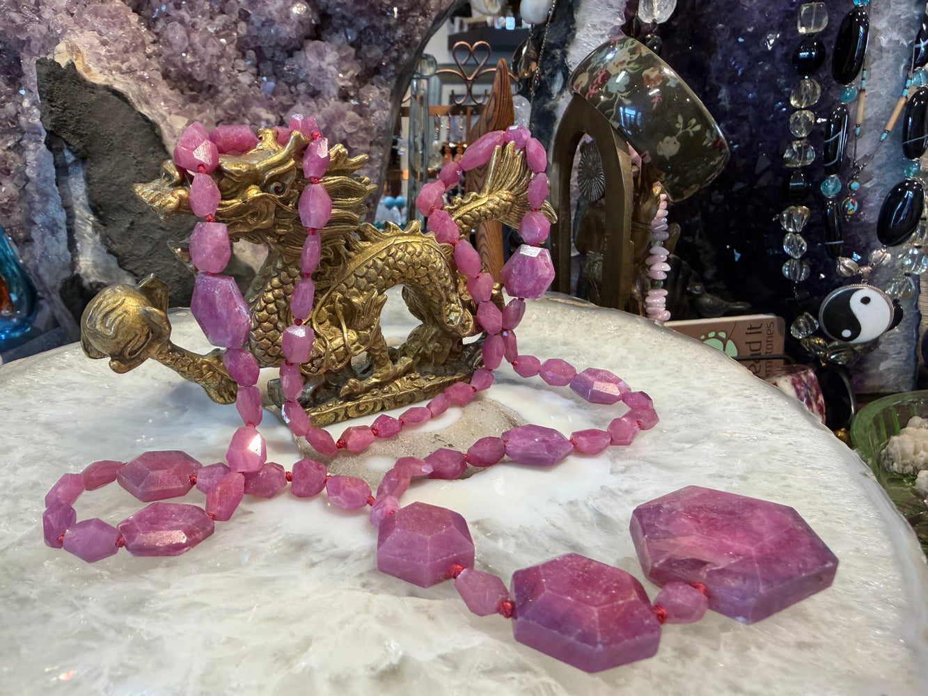 Rare Old Stock Natural Ruby Faceted Hexagon Gemstone Beads Necklace