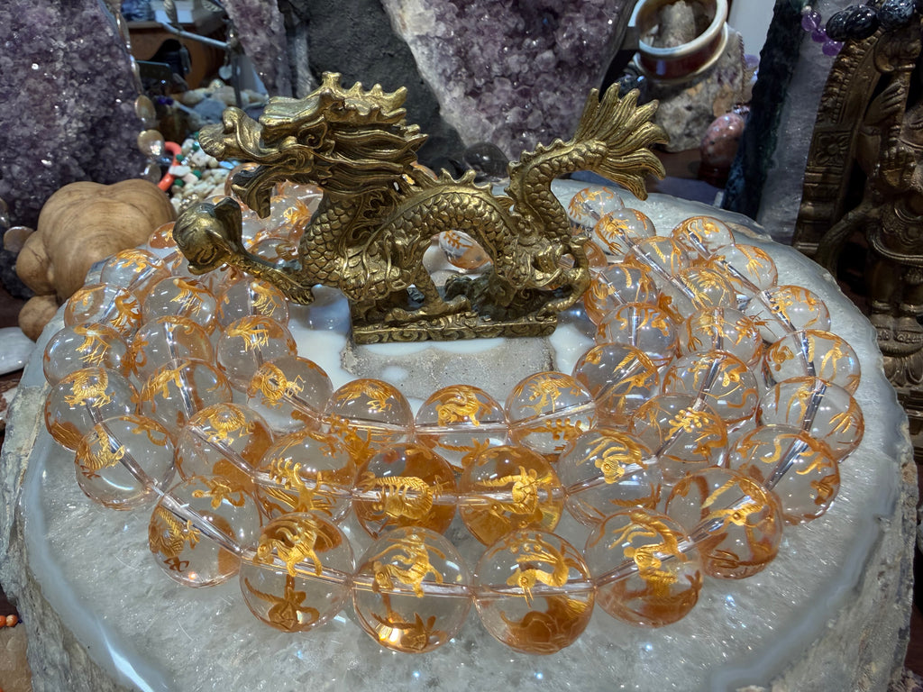 Stunning Quartz 20mm with gold dragon , phoenix gemstone beads