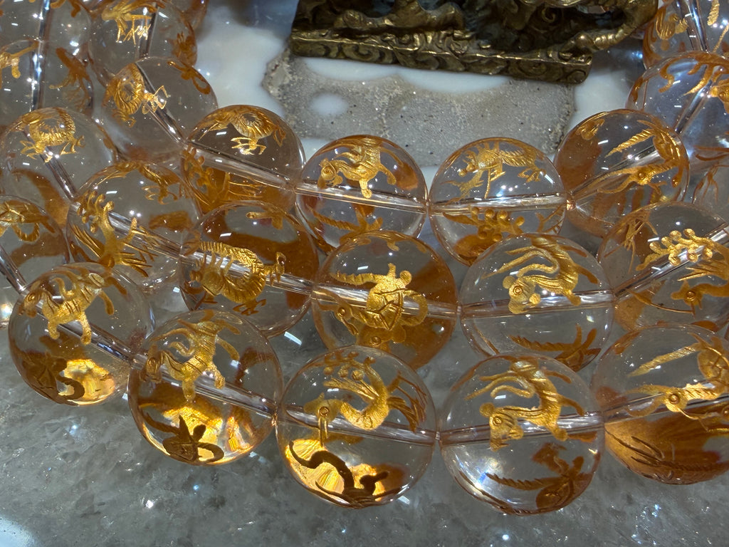Stunning Quartz 20mm with gold dragon , phoenix gemstone beads