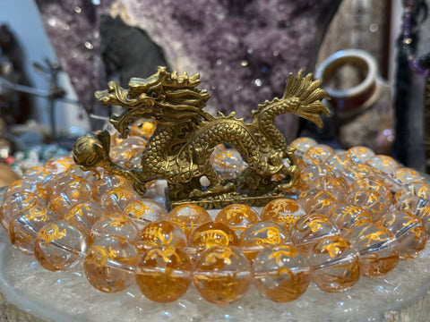 Stunning Quartz 20mm with gold dragon , phoenix gemstone beads