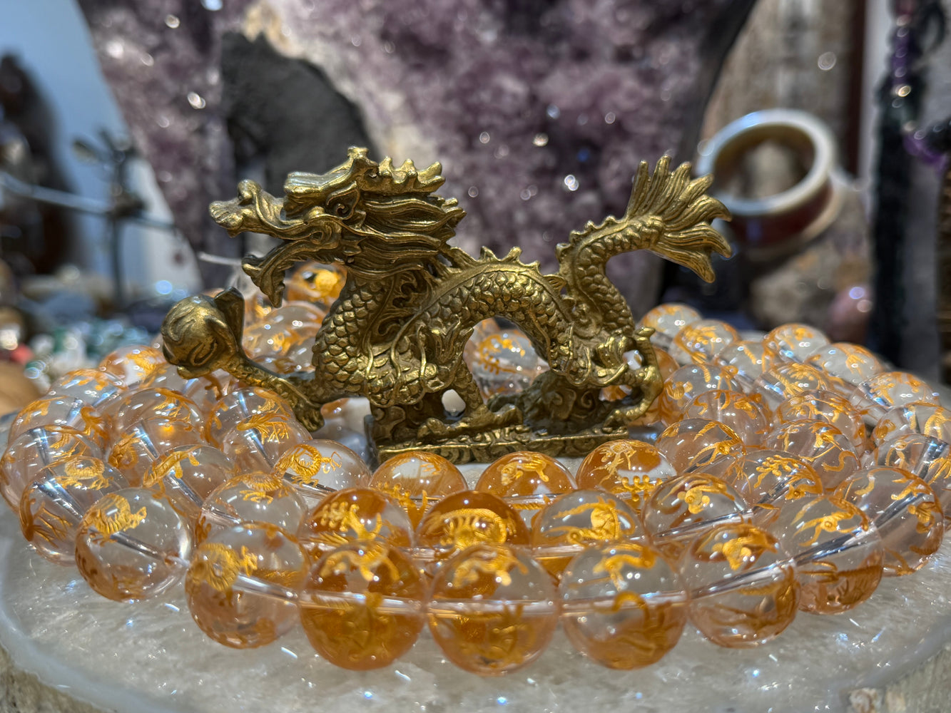 Stunning Quartz 20mm with gold dragon , phoenix gemstone beads