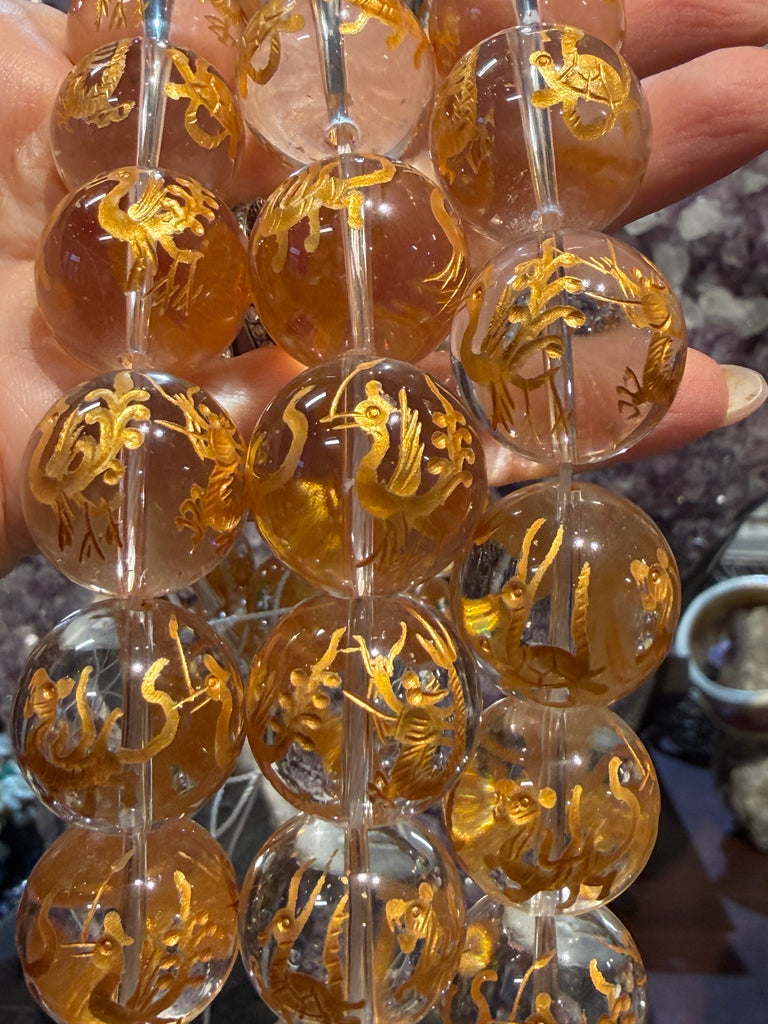 Stunning Quartz 20mm with gold dragon , phoenix gemstone beads