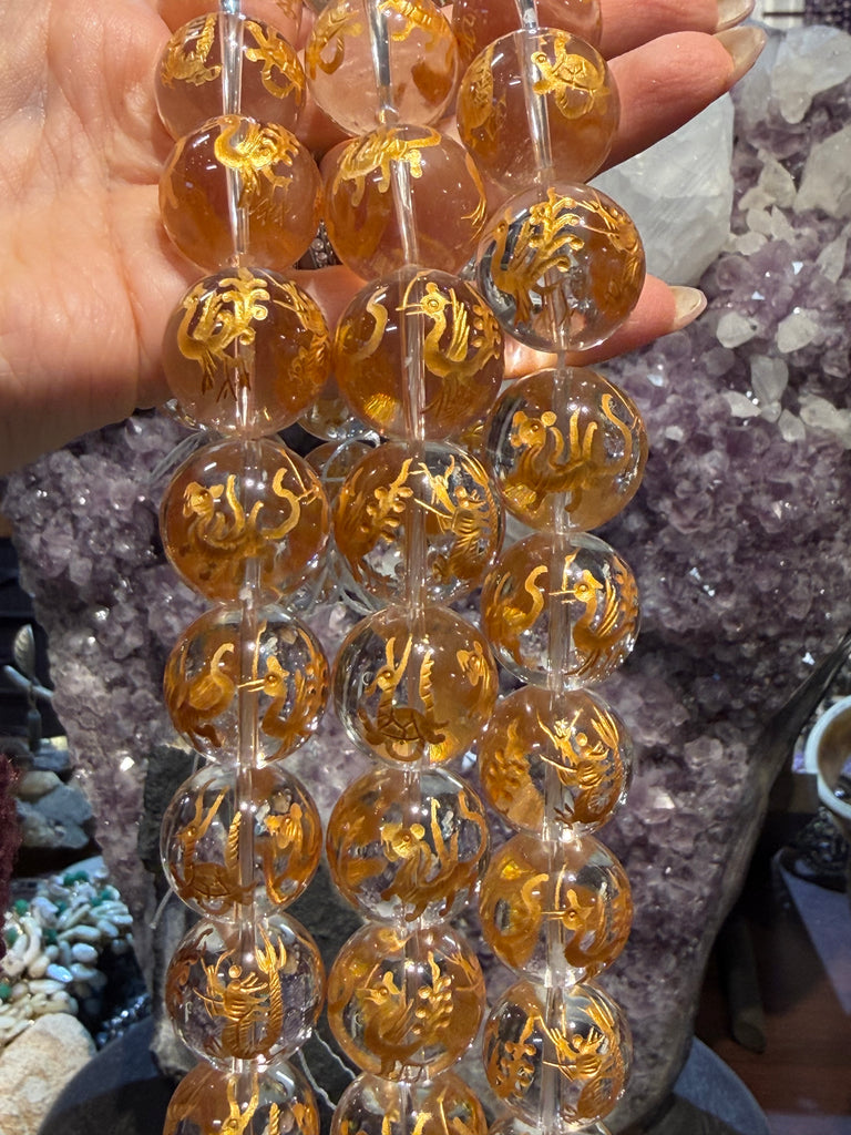 Stunning Quartz 20mm with gold dragon , phoenix gemstone beads