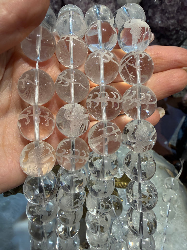 Natural Rare Gorgeous quartz with phoenix carving 16mm gemstone beads