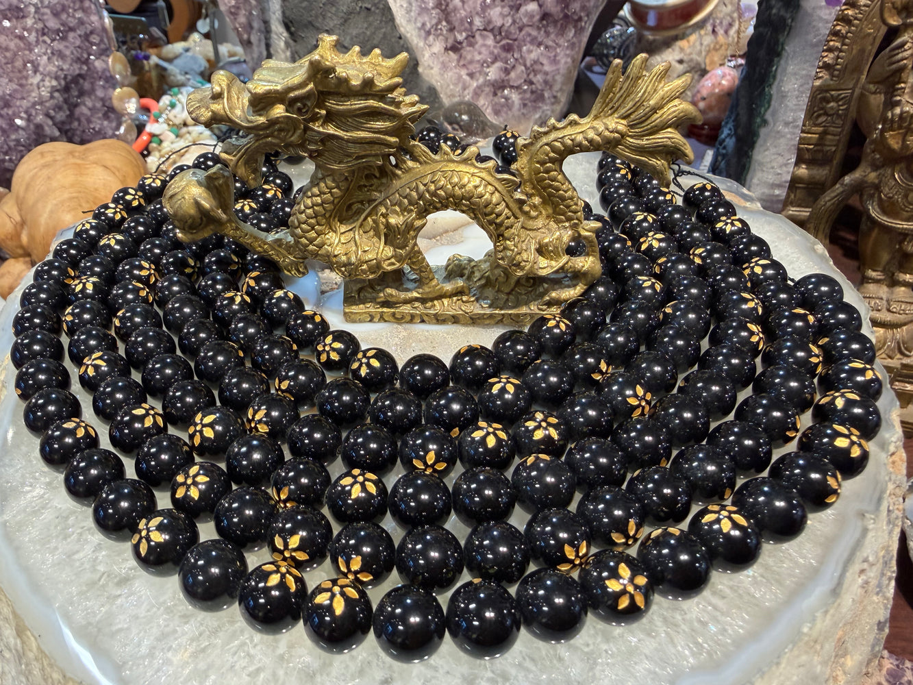 Black agate gold flower 12mm gemstones beads