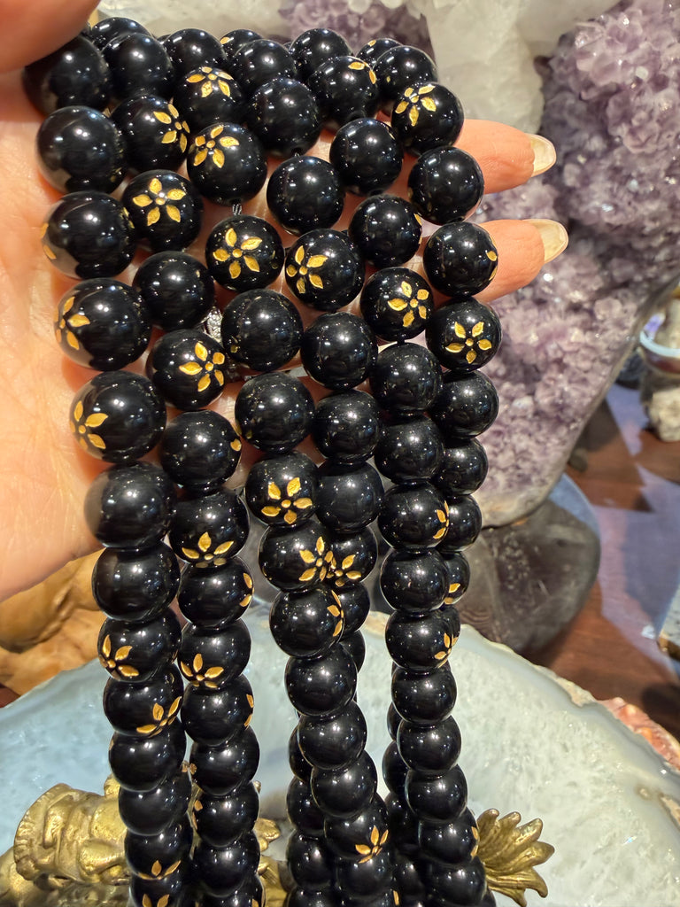 Black agate gold flower 12mm gemstones beads