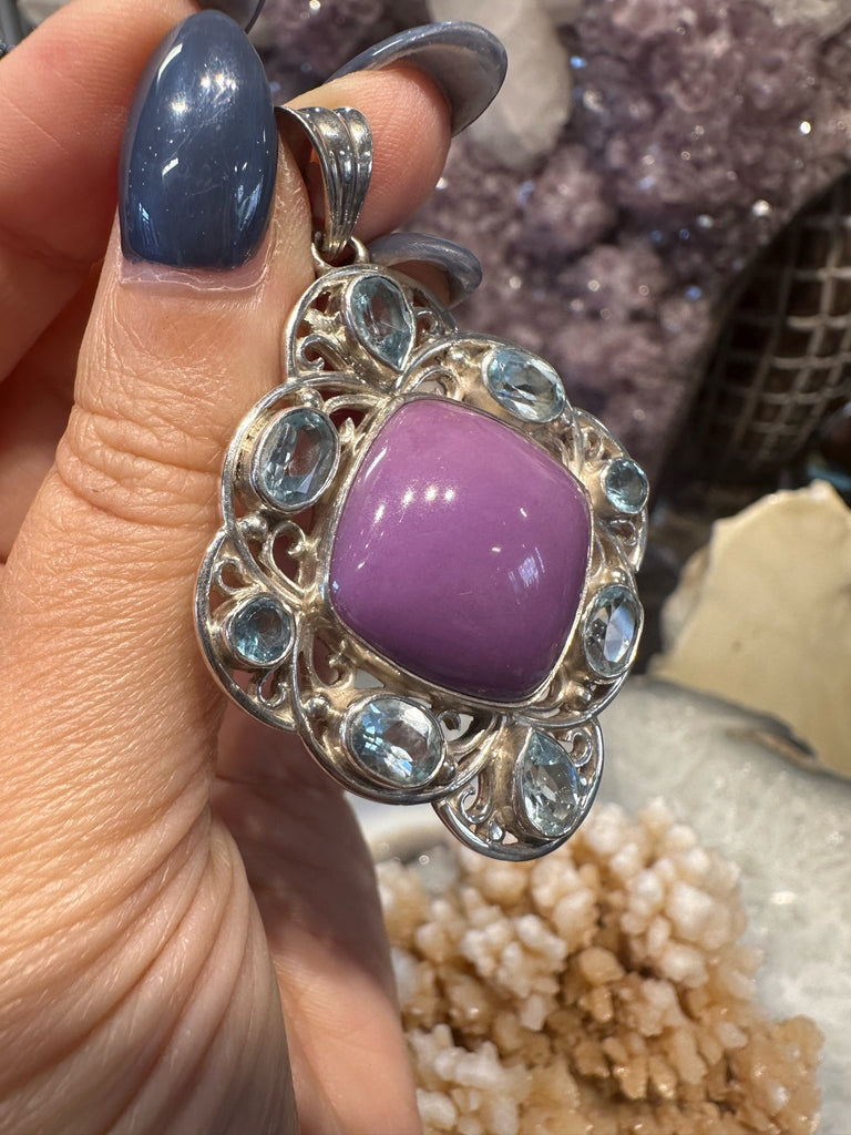 Handmade Sterling Silver Phosphosiderite & Blue Topaz Nepal Gemstone Pendant