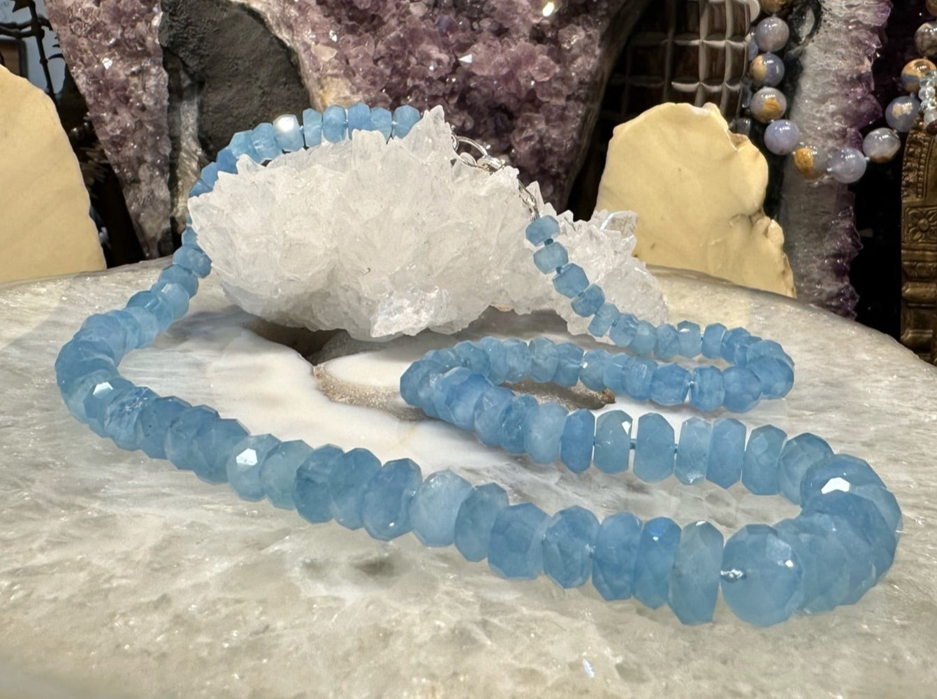 Natural Blue Aquamarine Faceted Cut Gemstone Beads Necklace