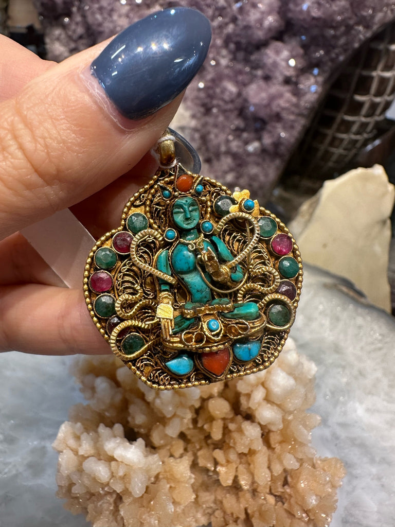 Rare Tibet Pure Silver Inlay Turquoise Coral Buddha Amitayus Shrine Amulet Pendant
