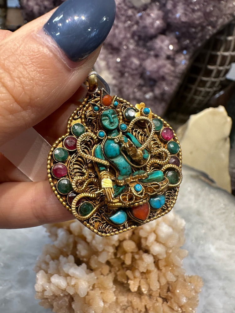 Rare Tibet Pure Silver Inlay Turquoise Coral Buddha Amitayus Shrine Amulet Pendant