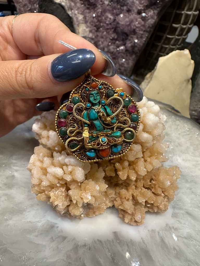 Rare Tibet Pure Silver Inlay Turquoise Coral Buddha Amitayus Shrine Amulet Pendant