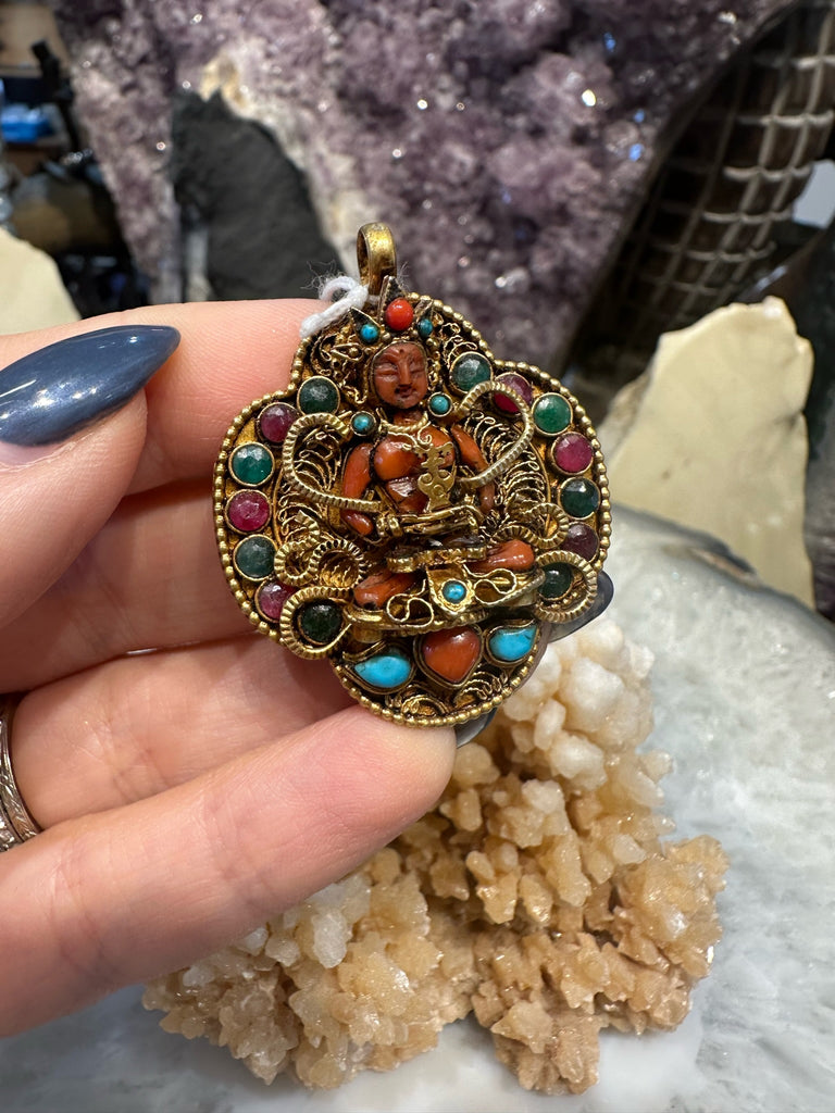 Rare Tibet Pure Silver Inlay Turquoise Coral Buddha Amitayus Shrine Amulet Pendant
